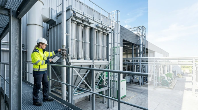 Engineer inspecting an industrial bag filter system at a modern manufacturing facility